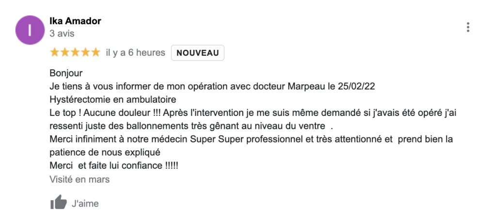 Avis d'une patiente ayant subi une hystérectomie par vNOTES en 2022 avec le Docteur Olivier Marpeau à Aix-en-Provence