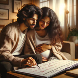 illustration d'un couple qui consulte un calendrier pour choisir le sexe de leur bébé couple qui consulte un calendrier pour choisir le sexe de leur bébé
